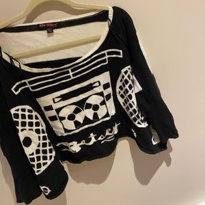 Betsey Johnson Knit crop top DJ record photo OS